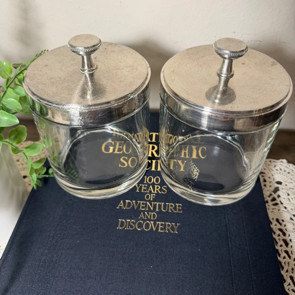 Vintage Set of 2 Glass Apothecary Jars with Silver Metal Lids and Finials